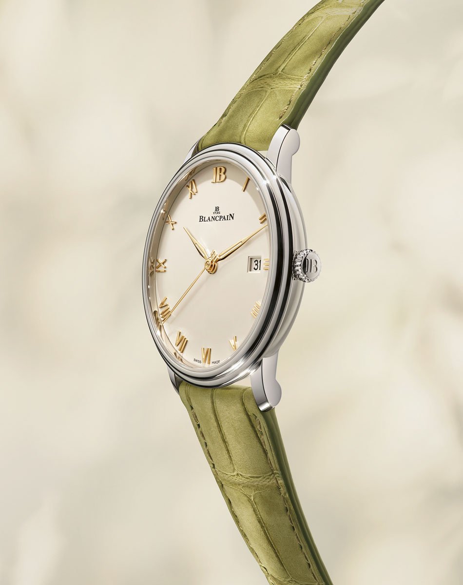 Blancpain: Villeret Ultraplate 38 mm in Edelstahl mit grünem Band