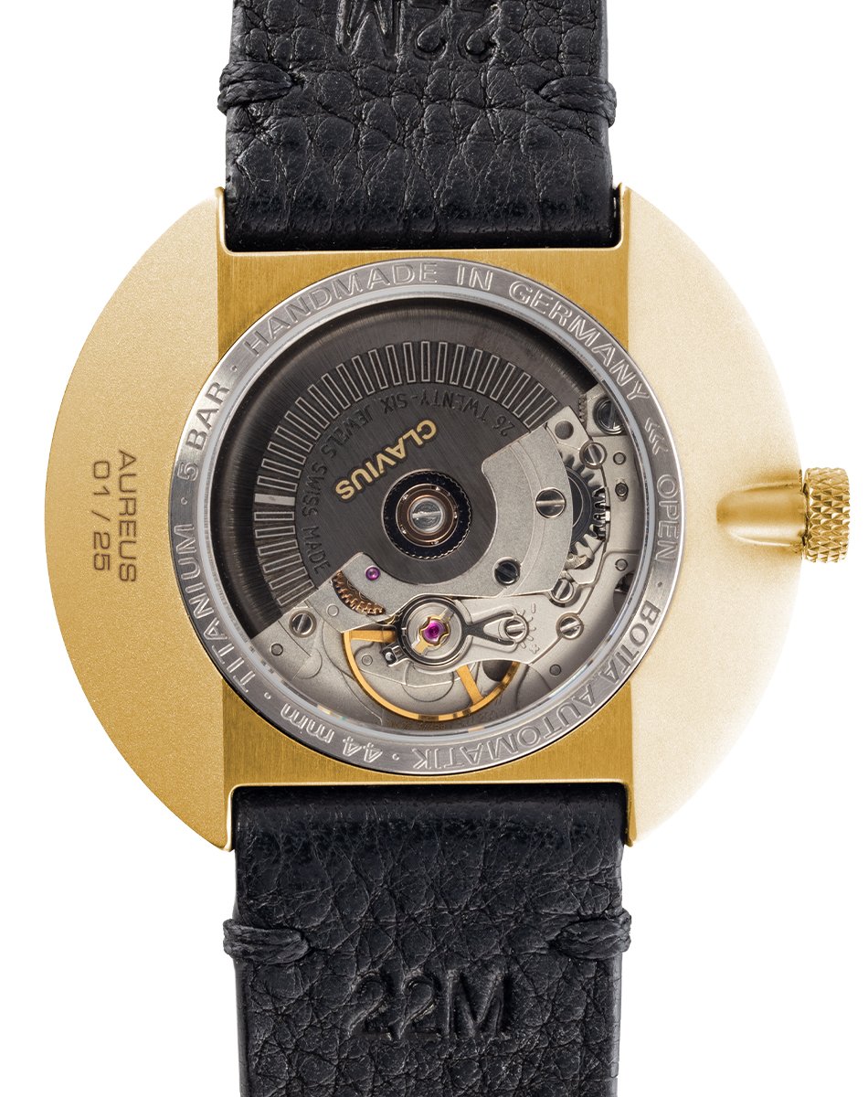 Botta – Clavius Aureus Automatik, elegante und reduzierte Uhr in Gold mit mattschwarzem Zifferblatt und besonderer Zeitanzeige