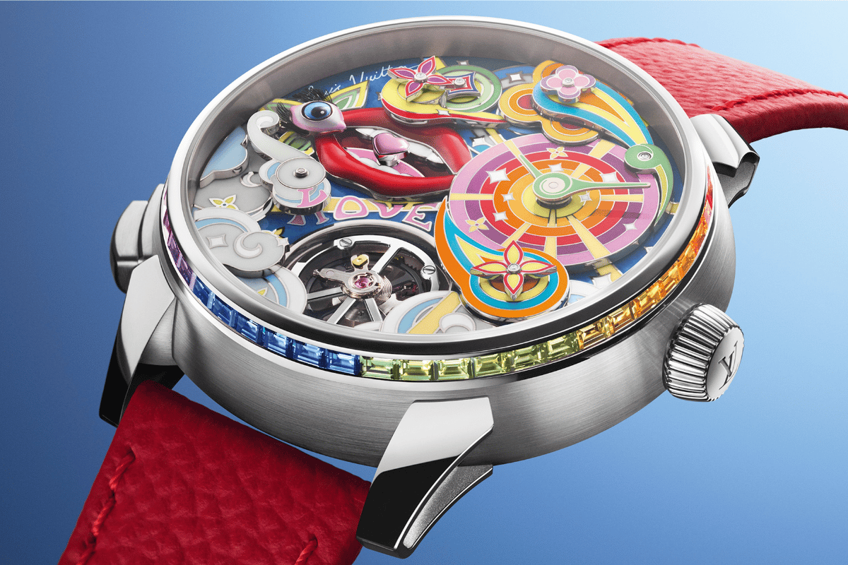 Nahaufnahme des Zifferblattes der Louis Vuitton Tambour Taiko Arty Automata
