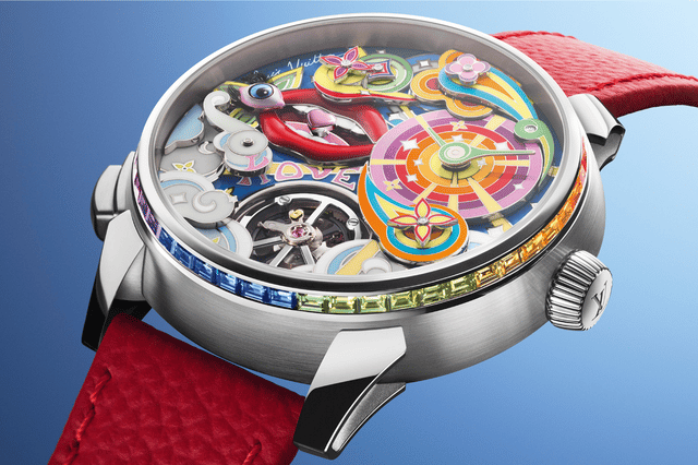 Nahaufnahme des Zifferblattes der Louis Vuitton Tambour Taiko Arty Automata