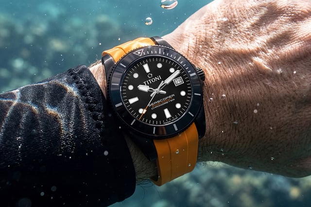 Titoni Seascoper 300, Uhr am Handgelenk mit gelbem Kautschuk-Armband unter Wasser