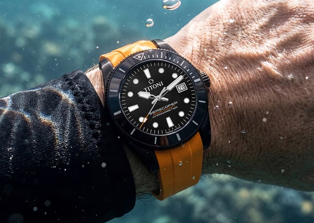 Titoni Seascoper 300, Uhr am Handgelenk mit gelbem Kautschuk-Armband unter Wasser