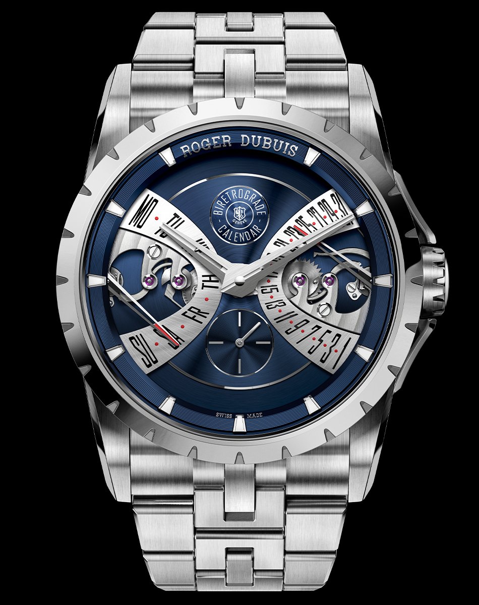 Roger Dubuis – Excalibur Biretrograde Calendar Cosmic Blue, Edelstahluhr mit Automatikkaliber, blauem Zifferblatt und Kalenderfunktion