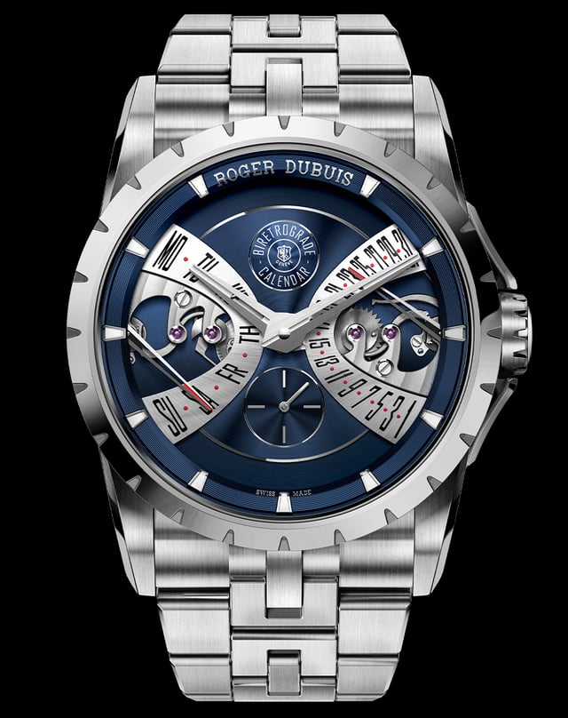 Roger Dubuis – Excalibur Biretrograde Calendar Cosmic Blue, Edelstahluhr mit Automatikkaliber, blauem Zifferblatt und Kalenderfunktion