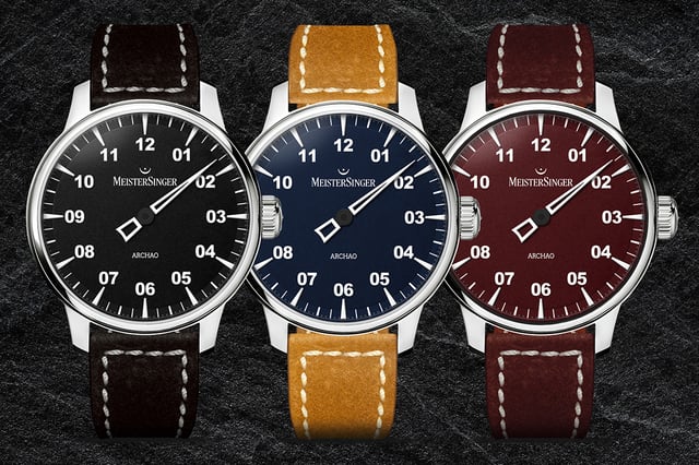 Meistersinger Archao Edelstahl, ref. AR902, AR908, AR911, drei Uhren vor schwarzem Hintergrund