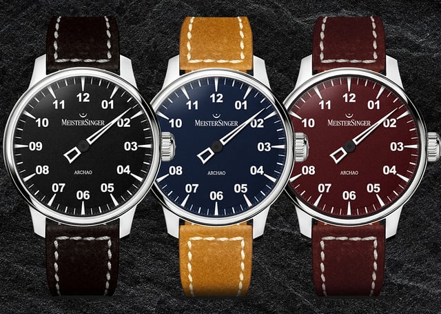 Meistersinger Archao Edelstahl, ref. AR902, AR908, AR911, drei Uhren vor schwarzem Hintergrund