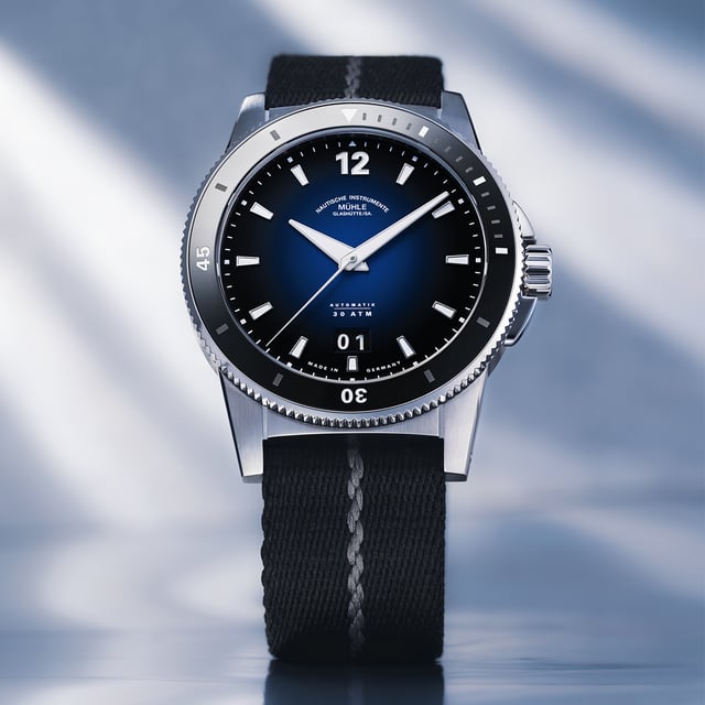 Frontansicht der Mühle-Glashütte – Sportivo Großdatum mit blauem Farbverlauf und Textilband