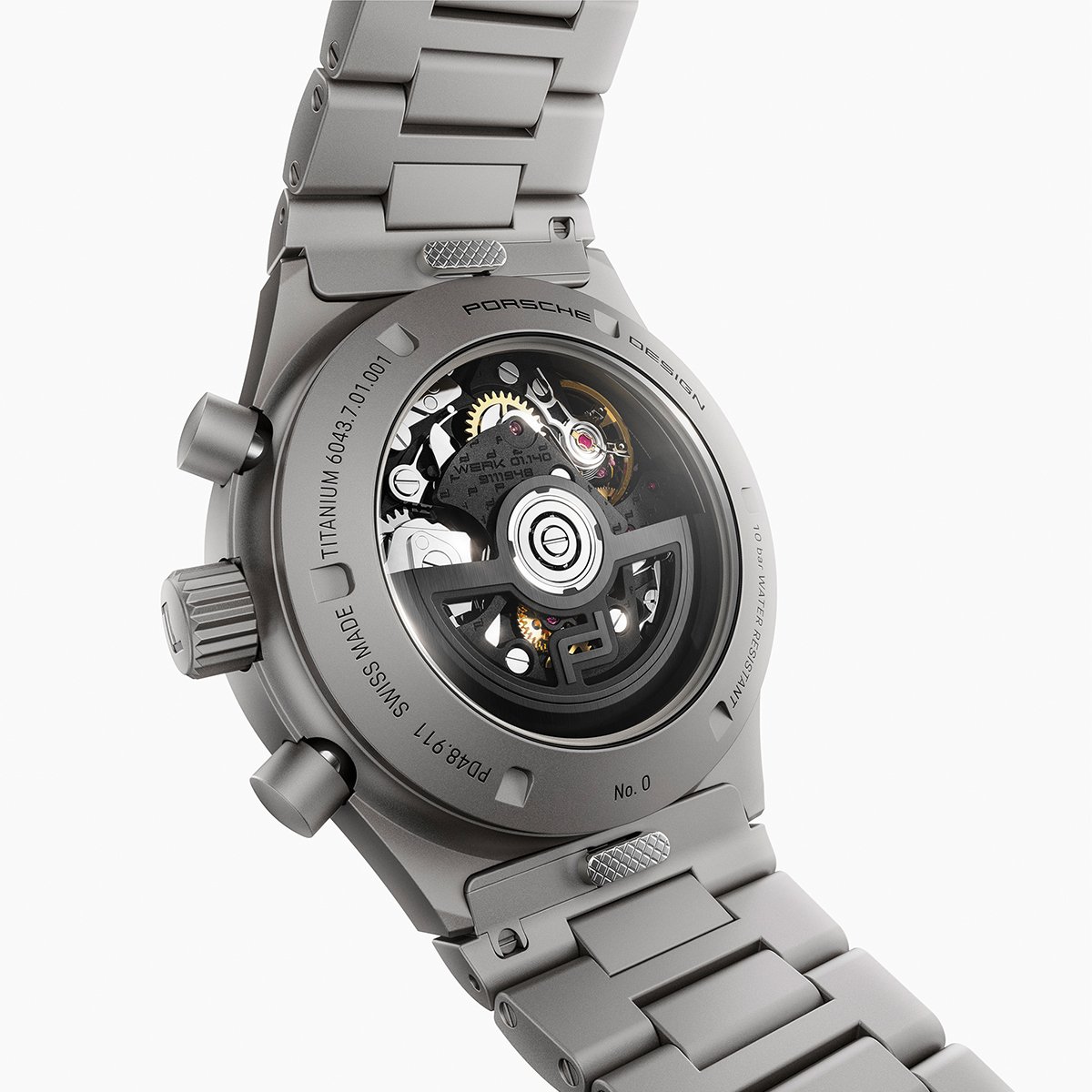 Rückseite der Porsche Design – Chronograph 1 All Titanium - Sicht auf das Uhrwerk