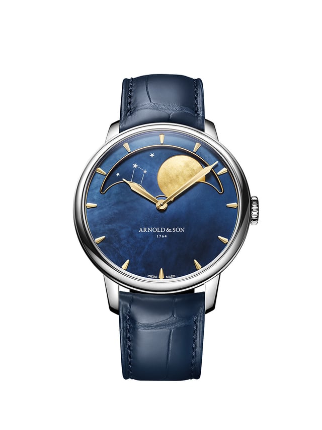 Arnold & Son Perpetual Moon 41.5 Steel Colours of the Moon, Ref. 1GLBS.M03A.C263S: Frontansicht Uhr mit dunkelblauem Zifferblatt