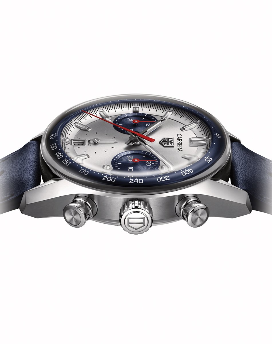 Wempe × TAG Heuer Carrera Chronograph Wempe Signature Collection, Automatik-Chronograph mit silbernem Zifferblatt und Lederband