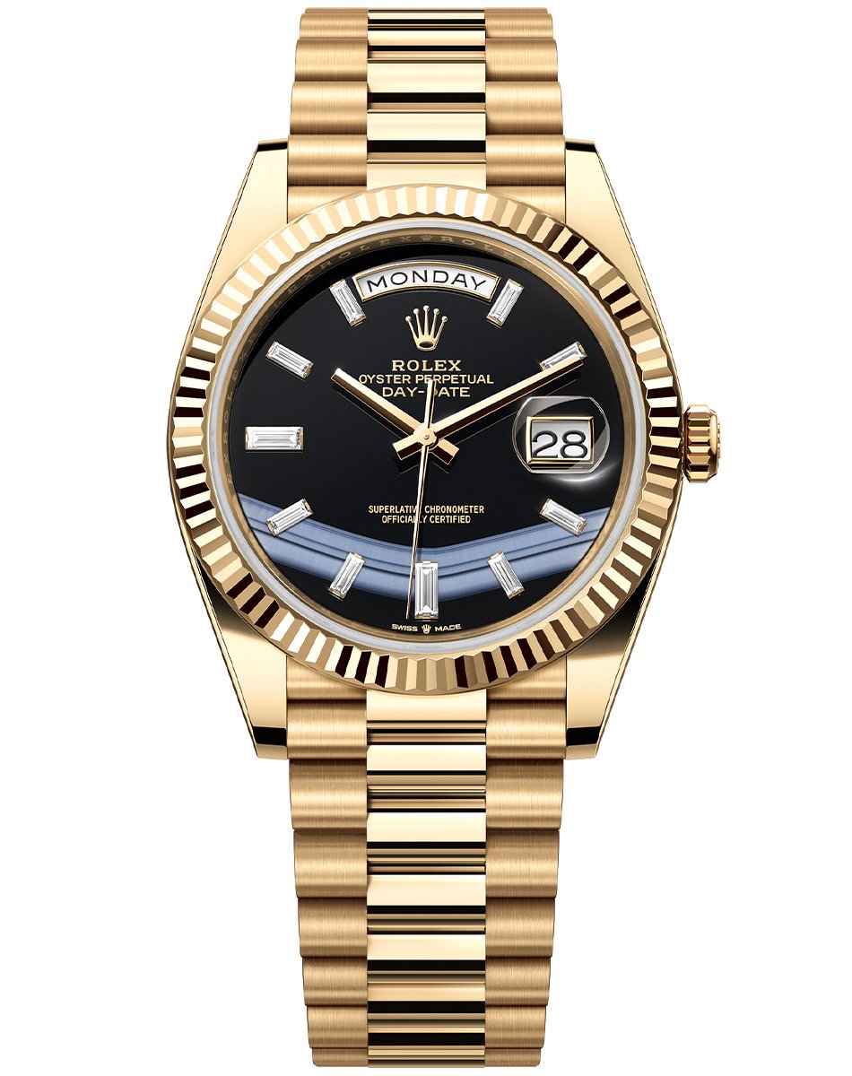 Rolex Day-Date, Golduhr mit Automatikkaliber und Steinzifferblatt