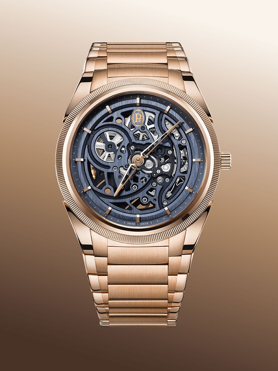 Parmigiani Fleurier Tonda PF Skelett Roségold Milano Blue: Frontansicht Uhr