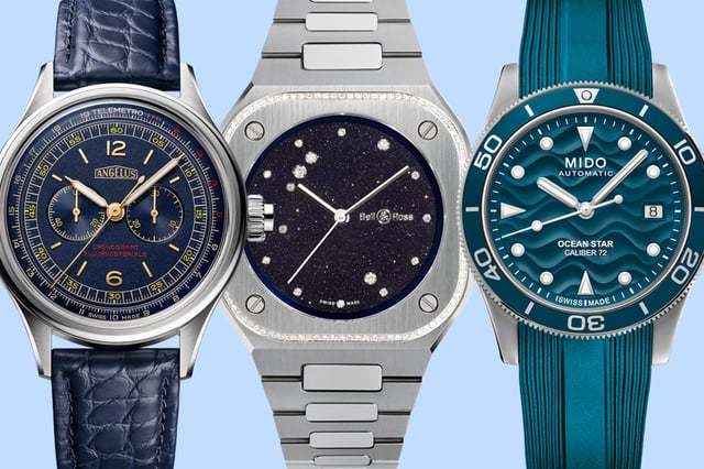 Blaue Uhren von Mido, Bell & Ross und Angelus