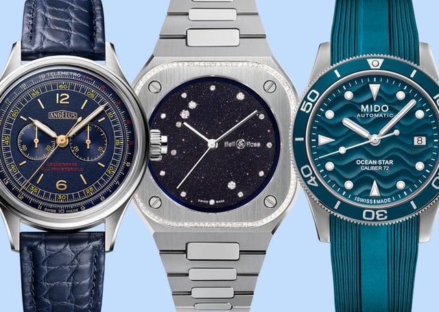 Blaue Uhren von Mido, Bell & Ross und Angelus