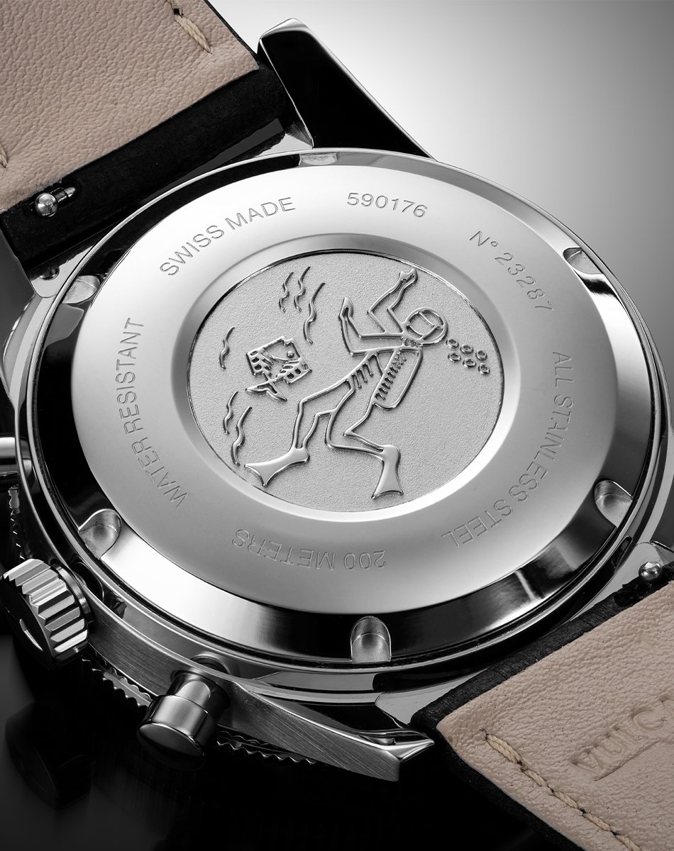 Vulcain – Skindiver Chronograph, Gehäuseboden der Taucheruhr mit Chronograph