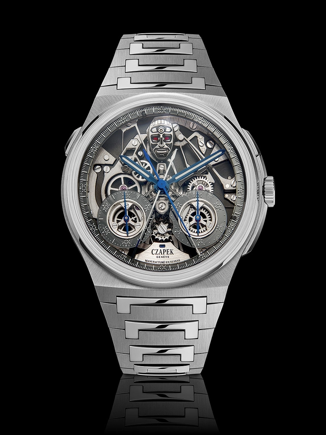 Czapek Antarctique Rattrapante RUR, Uhr von vorne vor schwarzem Hintergrund