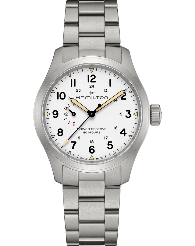 Hamilton – Khaki Field Mechanical Power Reserve 40 mm, Fieldwatch aus Edelstahl mit mechanischem Werk und weißem Zifferblatt