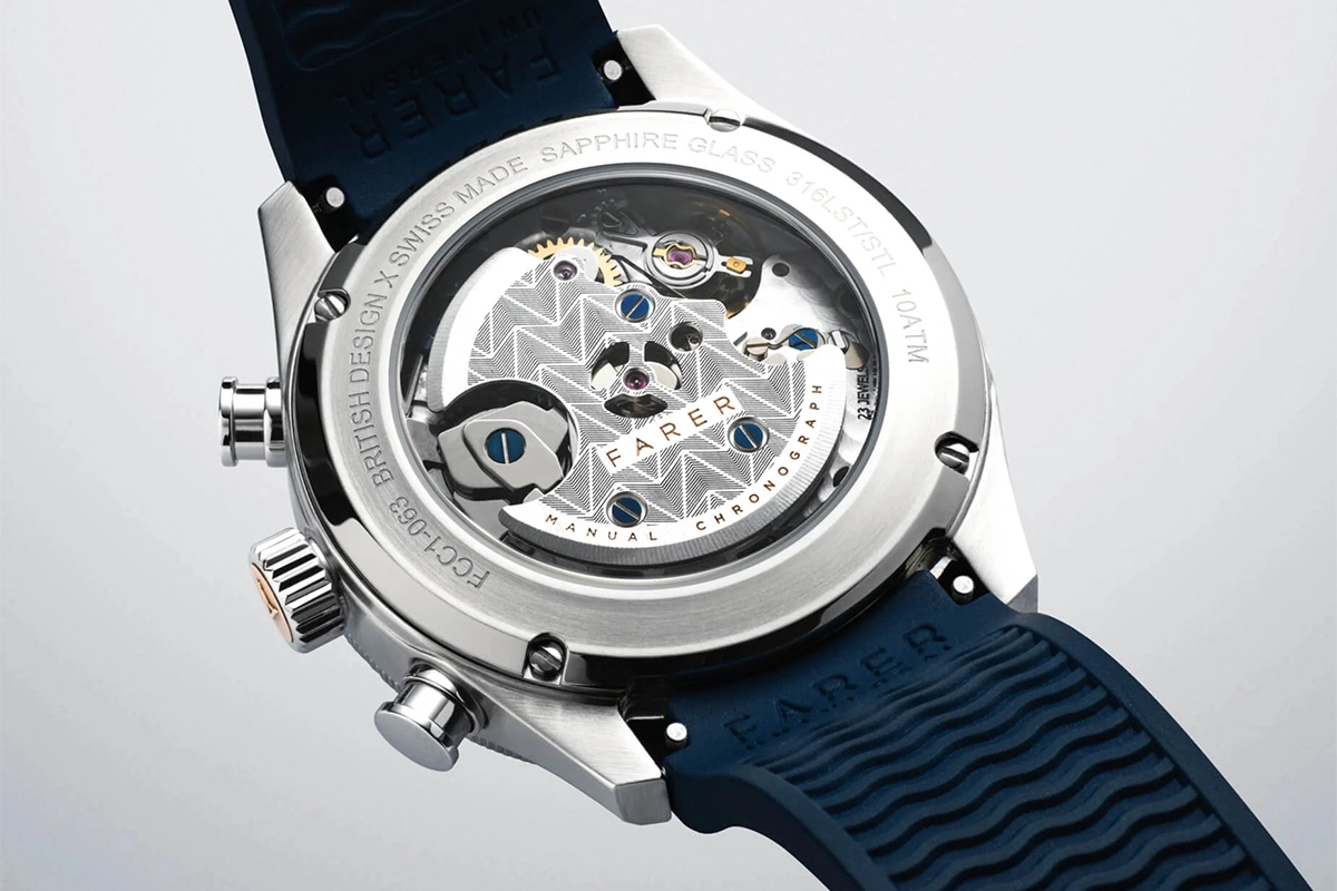 Farer – Volante, Edelstahlchronograph mit hellblauem Zifferblatt und Handaufzugskaliber