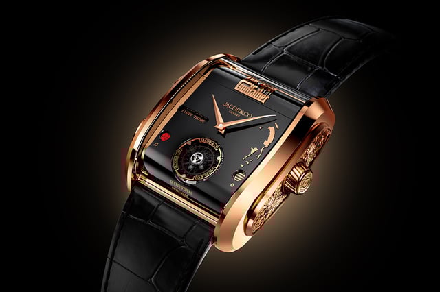 Jacob & Co. Godfather II, goldene Uhr vor schwarzem Hintergrund