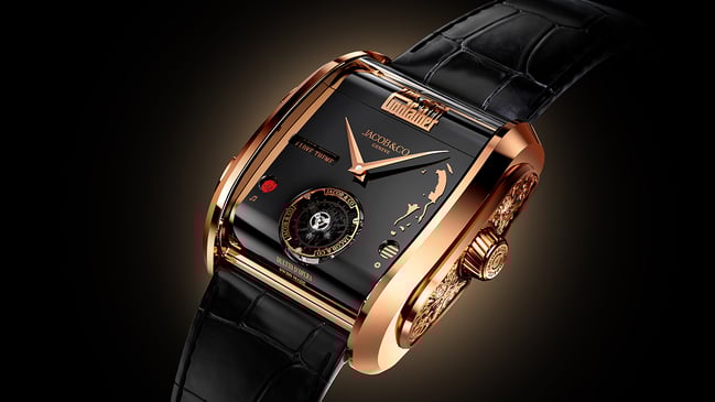 Jacob & Co. Godfather II, goldene Uhr vor schwarzem Hintergrund