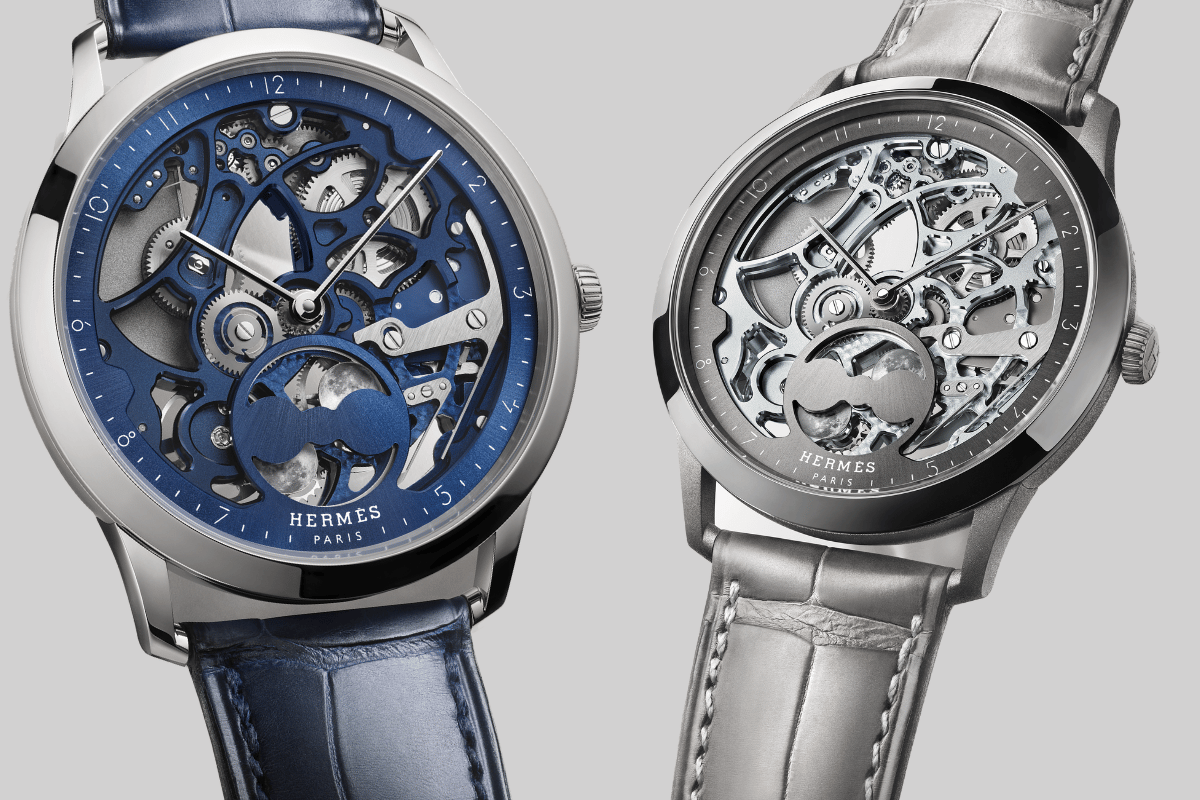 zwei Versionen, Uhren, Front der Slim d'Hermes Squelette Lune