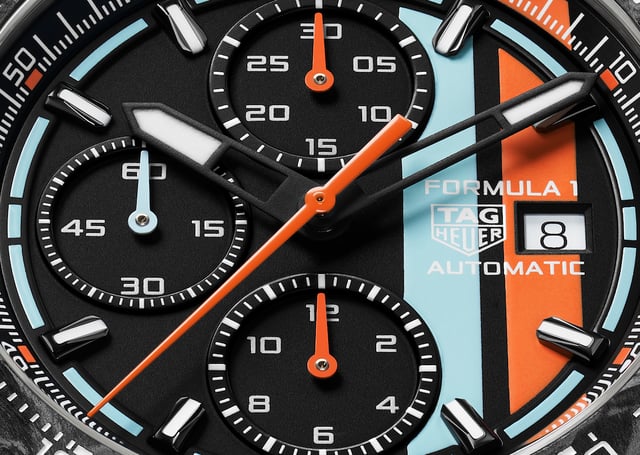 Zifferblatt-Detail des TAG Heuer Formula 1 Automatic Chronograph x Gulf