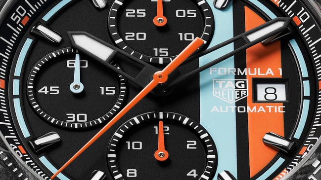 Zifferblatt-Detail des TAG Heuer Formula 1 Automatic Chronograph x Gulf