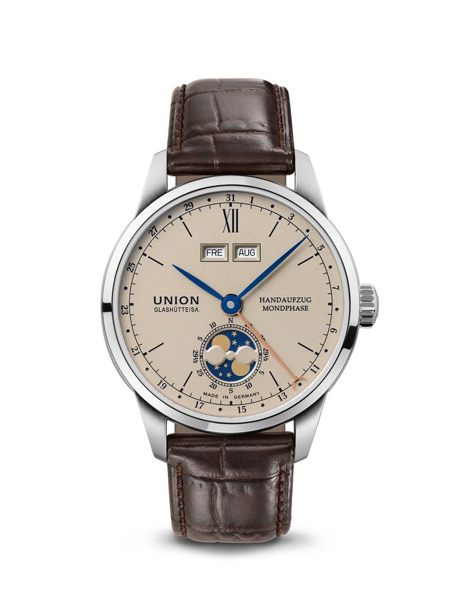  Union Glashütte 1893 Johannes Dürrstein Edition „Doppelmondphase“: Frontansicht Uhr