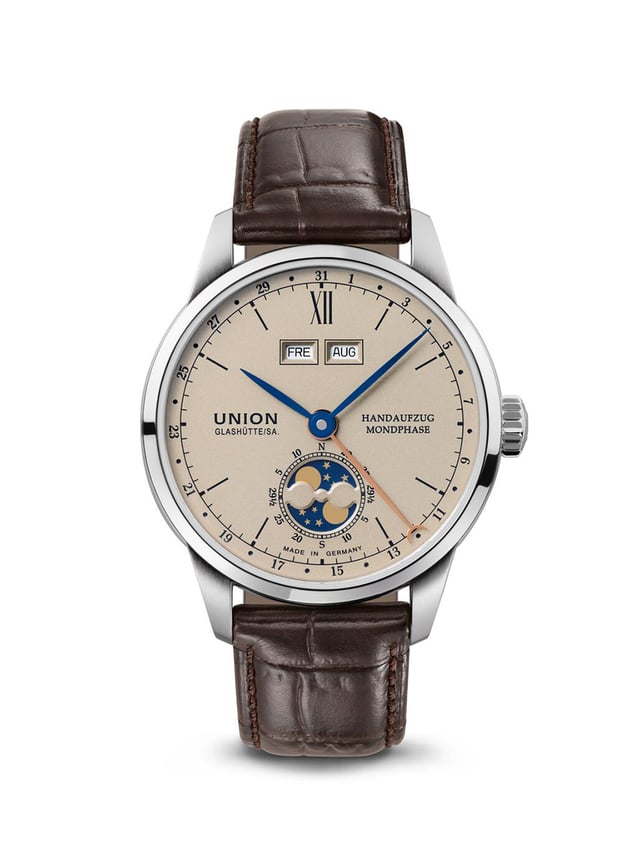  Union Glashütte 1893 Johannes Dürrstein Edition „Doppelmondphase“: Frontansicht Uhr