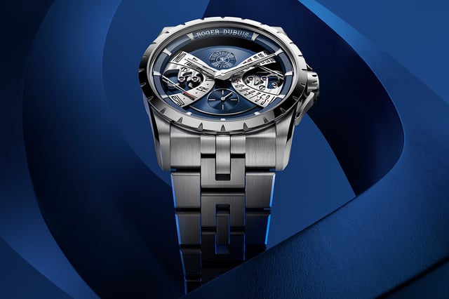Roger Dubuis, Edelstahluhr mit Automatikwerk, blauem Zifferblatt und Kalenderfunktion