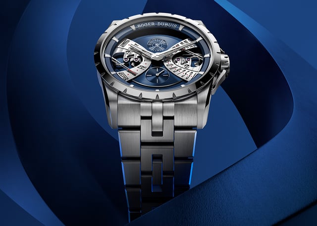 Roger Dubuis, Edelstahluhr mit Automatikwerk, blauem Zifferblatt und Kalenderfunktion