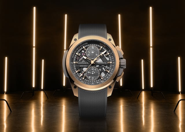 Die Front, Zifferblatt, Armband der NORQAIN WildONE Skeleton Chrono RedGold