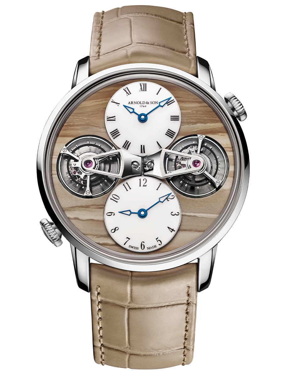 Arnold & Son X Chronopassion – Double Tourbillon Landscape Mirrored Time, Weißgolduhr mit Manufakturkaliber und zwei Tourbillons