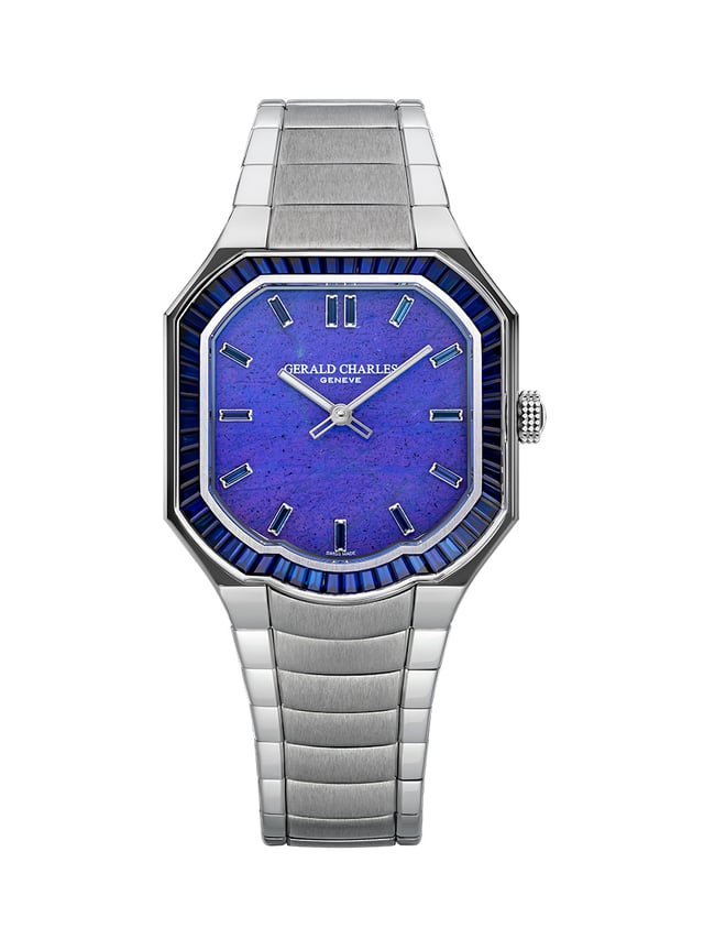 Gerald Charles Masterlink Gem Set Stone Blue Spectrolite, Frontansicht Uhr mit blauem Zifferblatt