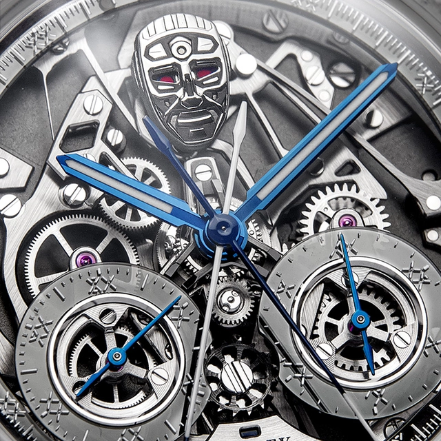 Czapek Antarctique Rattrapante RUR, Detail Zifferblatt und Roboterkopf