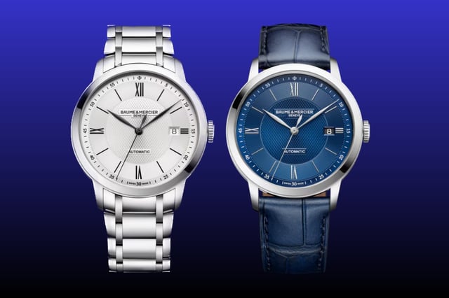 Zwei Varianten der Baume & Mercier Classima Automatik mit Edelstahlarmband und mit blauem Lederarmband mit blauem Zifferblatt