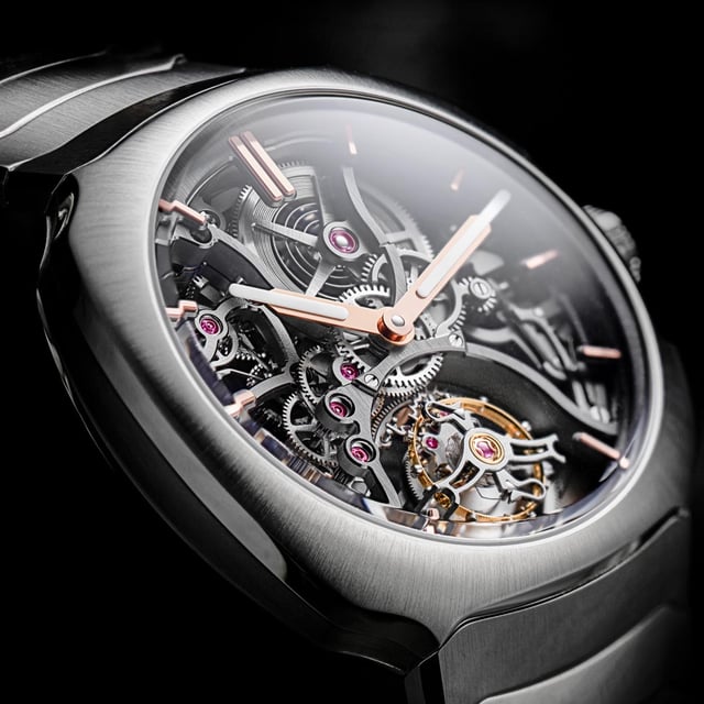 Skelettiertes Werk der H. Moser & Cie Streamliner Tourbillon Skeleton Double Hairspring 