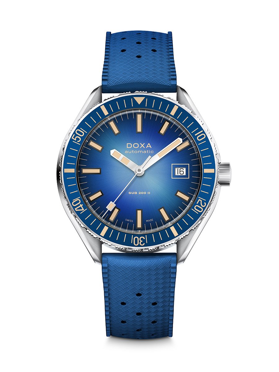 Doxa SUB 200 II, blaues Zifferblatt, Frontansicht der Uhr