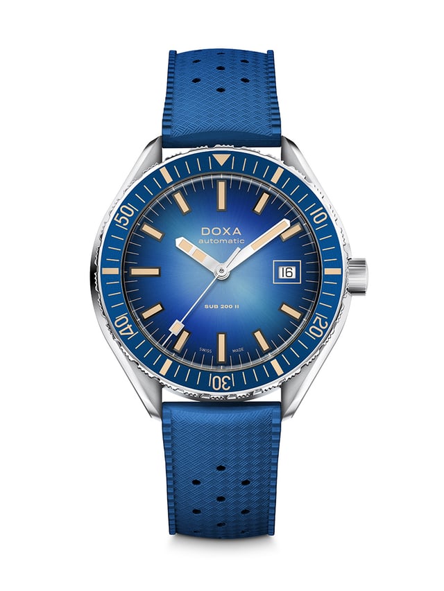 Doxa SUB 200 II, blaues Zifferblatt, Frontansicht der Uhr