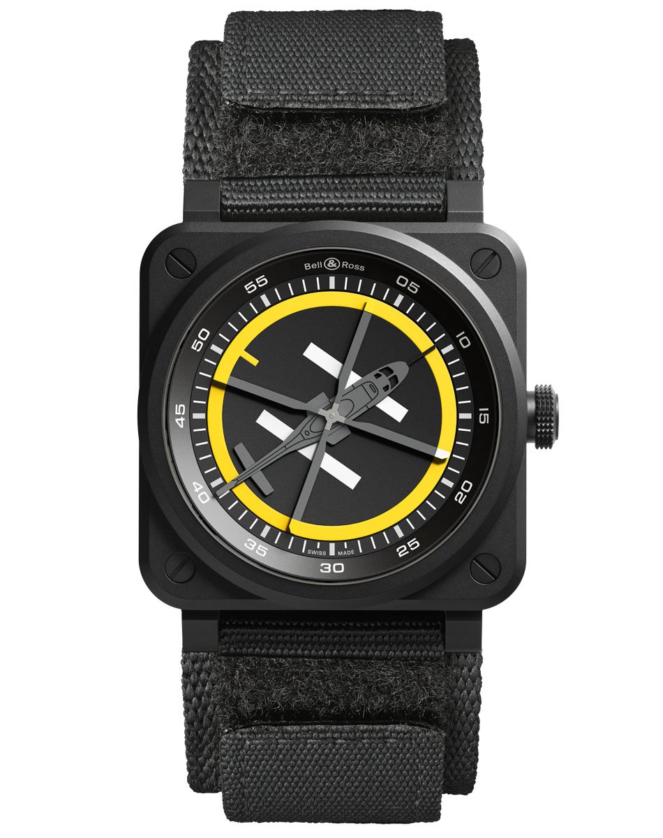 Bell & Ross: die BR-03 Helipad mit schwarzem Band