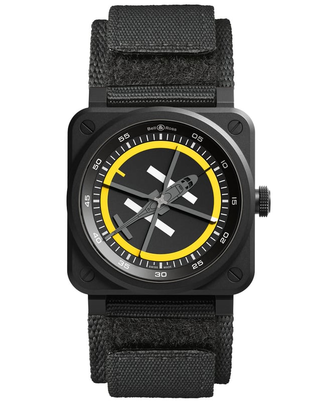 Bell & Ross: die BR-03 Helipad mit schwarzem Band