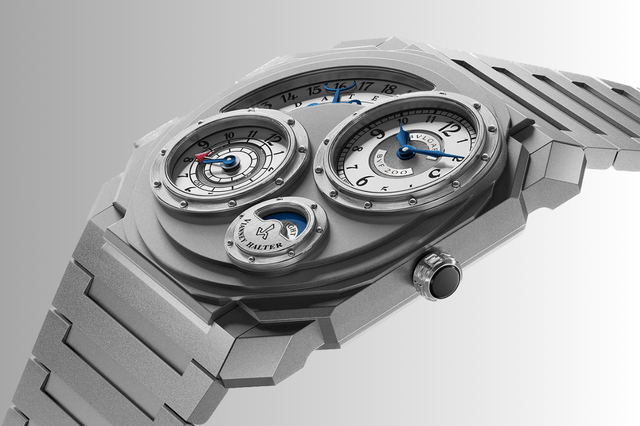 Nahaufnahme der Bulgari Octo Finissimo Dual Time x Vianney Halter