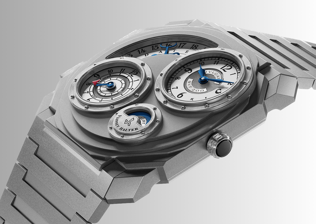 Nahaufnahme der Bulgari Octo Finissimo Dual Time x Vianney Halter