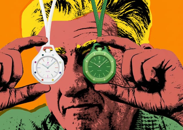 Swatch x Audemars Piguet – Royal Pop, bunte Taschenuhr aus Kunststoff mit Handaufzugswerk im Stil der Royal Oak