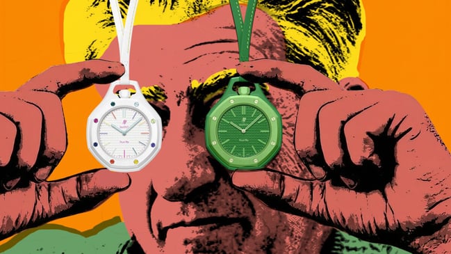 Swatch x Audemars Piguet – Royal Pop, bunte Taschenuhr aus Kunststoff mit Handaufzugswerk im Stil der Royal Oak