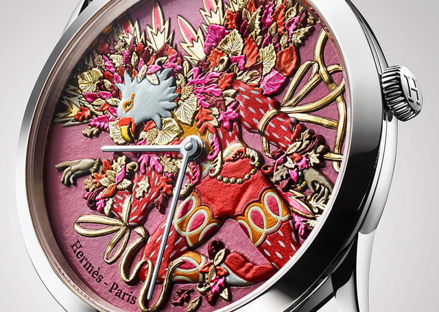Hermès Slim d’Hermès "Herbst", Uhr aus Weißgold mit rotem Zifferblatt aus graviertem Gold mit Mikrorelief