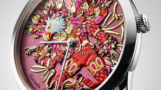 Hermès Slim d’Hermès "Herbst", Uhr aus Weißgold mit rotem Zifferblatt aus graviertem Gold mit Mikrorelief