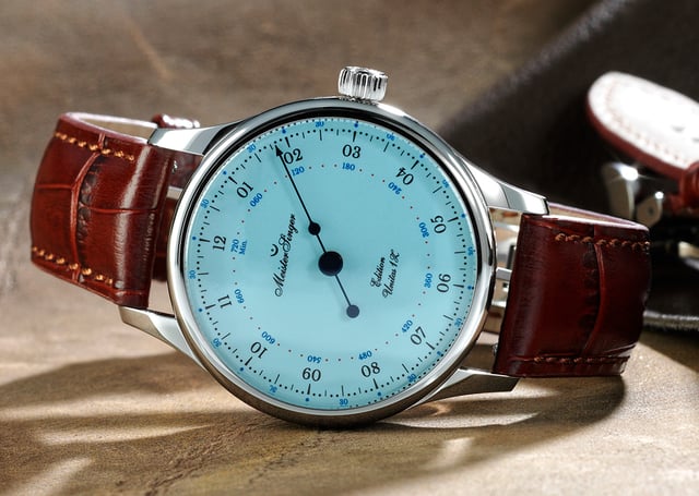 Meistersinger Edition Unitas 1Z (ED-Unitas-08E), Uhr liegend mit blauem Zifferblatt