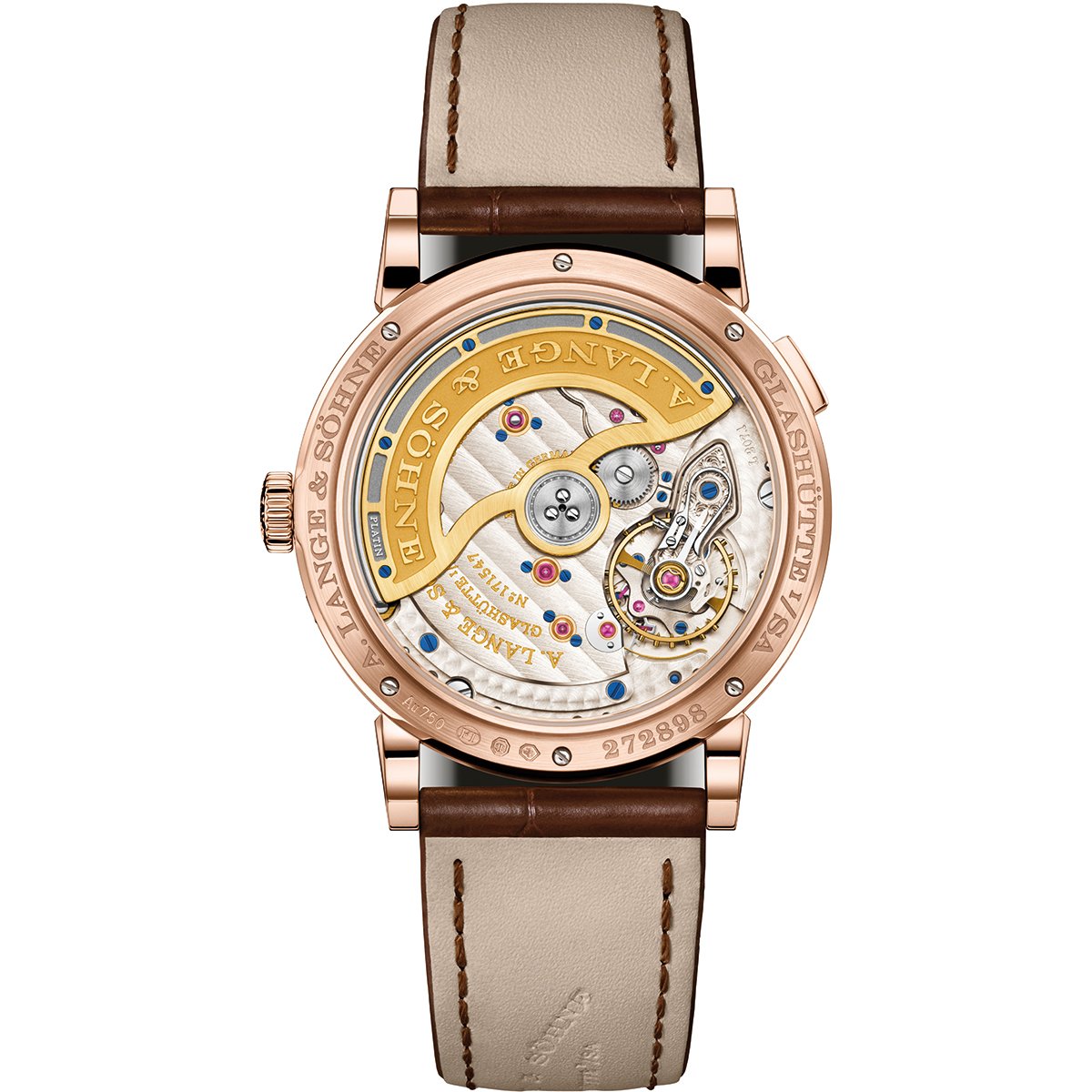 A. Lange & Söhne Saxonia Jahreskalender in 750er Rotgold mit Blick auf das Lange-Manufakturkaliber L207.1