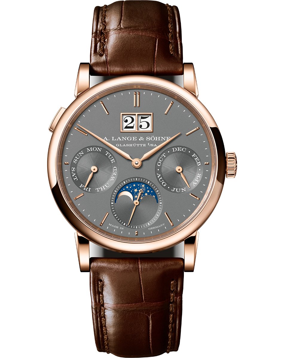A. Lange & Söhne – Saxonia Jahreskalender, komplizierte und elegante Uhr aus Gold mit Lederband 